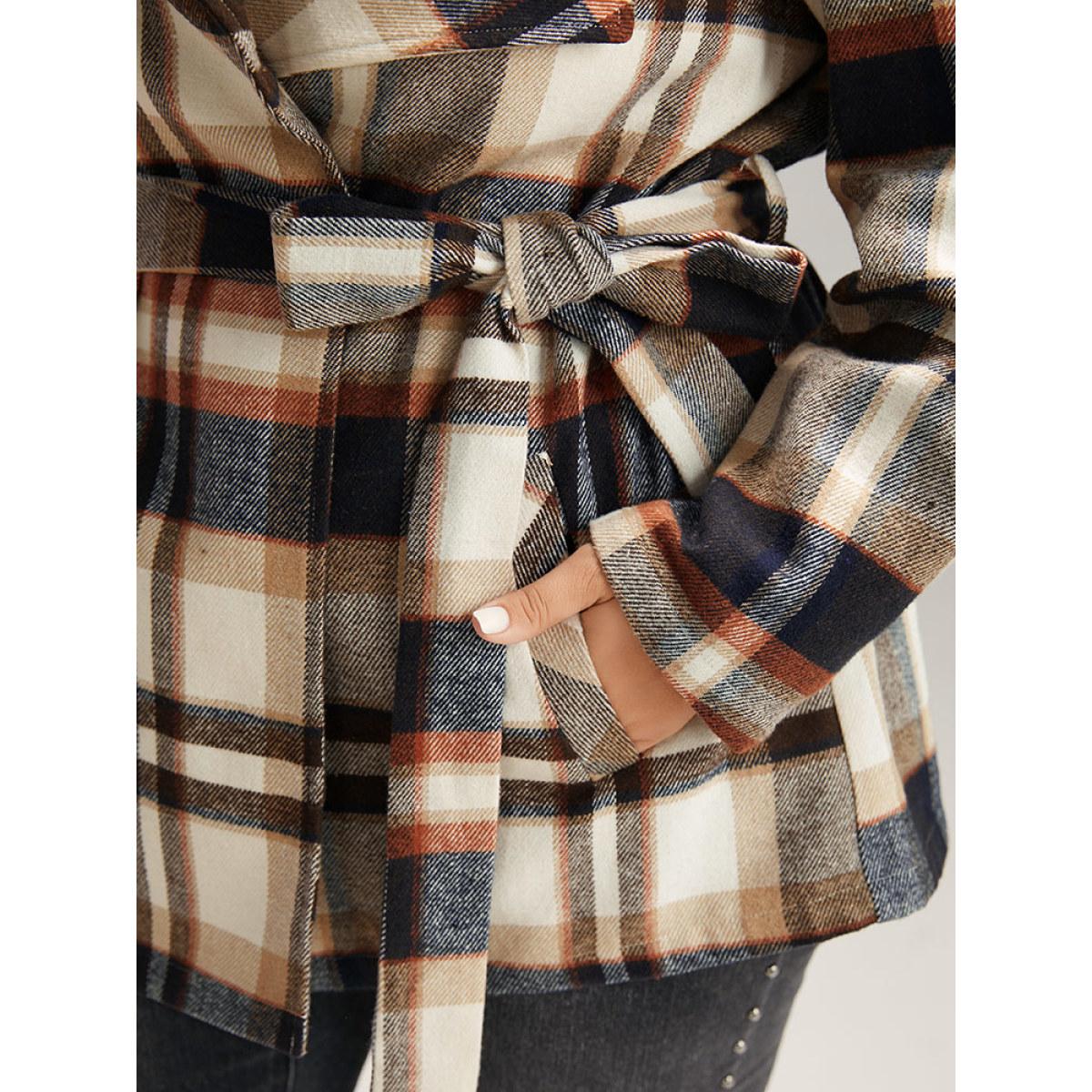 Plus Size Plaid Belted Lapel Collar Pocket Coat Women Tan Casual Belted Ladies Dailywear Winter Coats BloomChic 28/5X Product Image