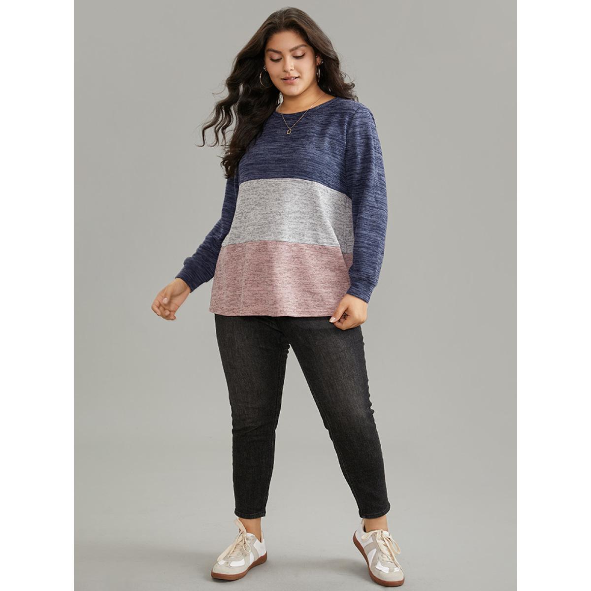 Plus Size Colorblock Contrast Heather Crew Neck Sweatshirt Women Indigo Casual Contrast Round Neck Dailywear Sweatshirts BloomChic 26/4X Product Image