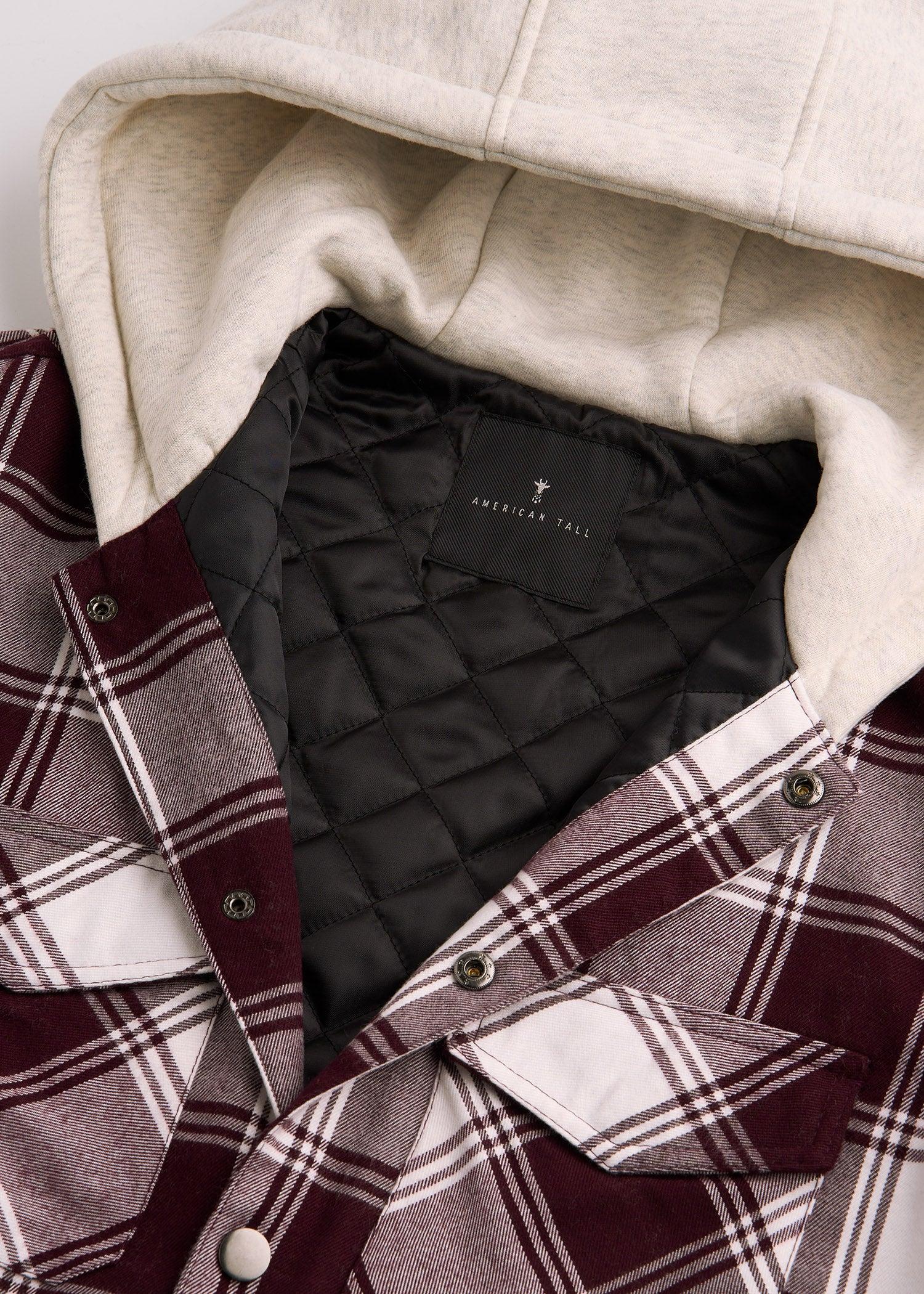 Hooded Flannel Shirt Jacket for Tall Men in Maroon & White Plaid Product Image