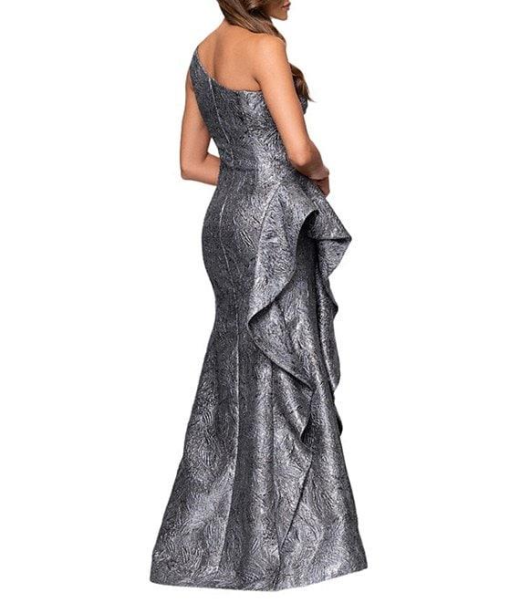Xscape One Shoulder Metallic Jacquard Gown With Ruffle Product Image