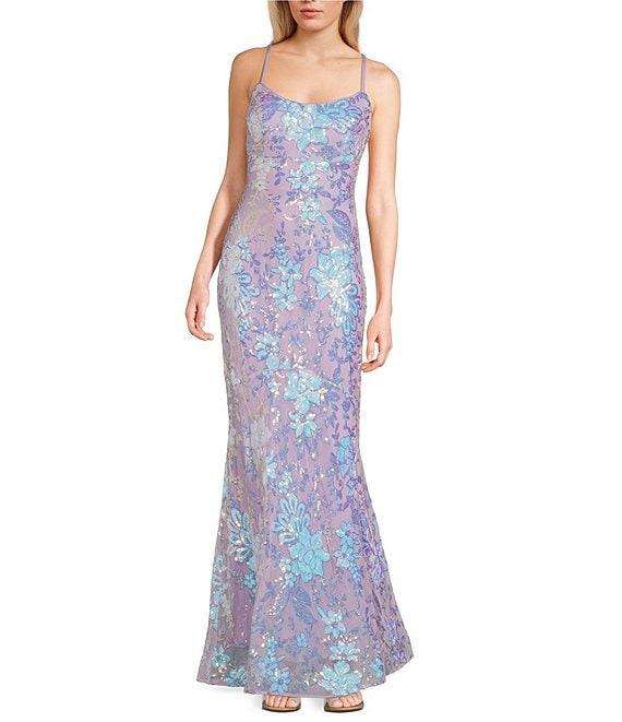 Morgan & Co. Pattern Floral Sequin Bar Back Long Dress Product Image
