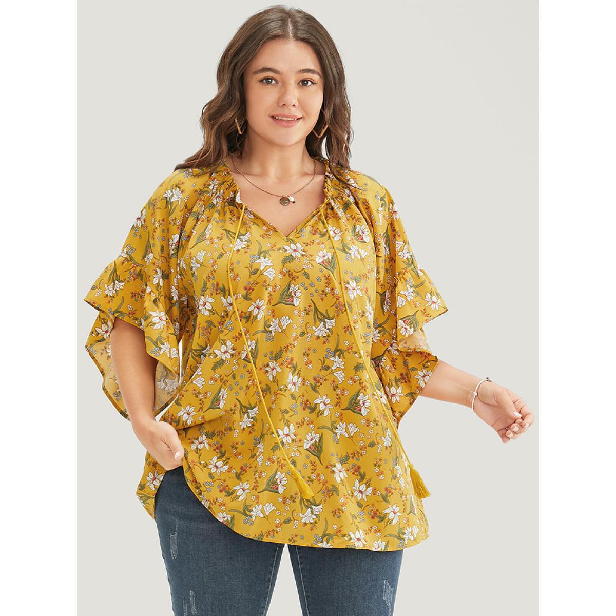 Plus Size Yellow Floral Tie Neck Tassels Frill Trim Ruffle Sleeve Blouse Women Elegant Short sleeve V-neck Dailywear Blouses BloomChic 14-16/1X Product Image