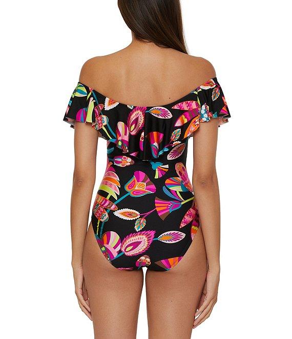 Trina Turk Luminary Printed Off The Shoulder Ruffle Bandeau One Piece Swimsuit Product Image