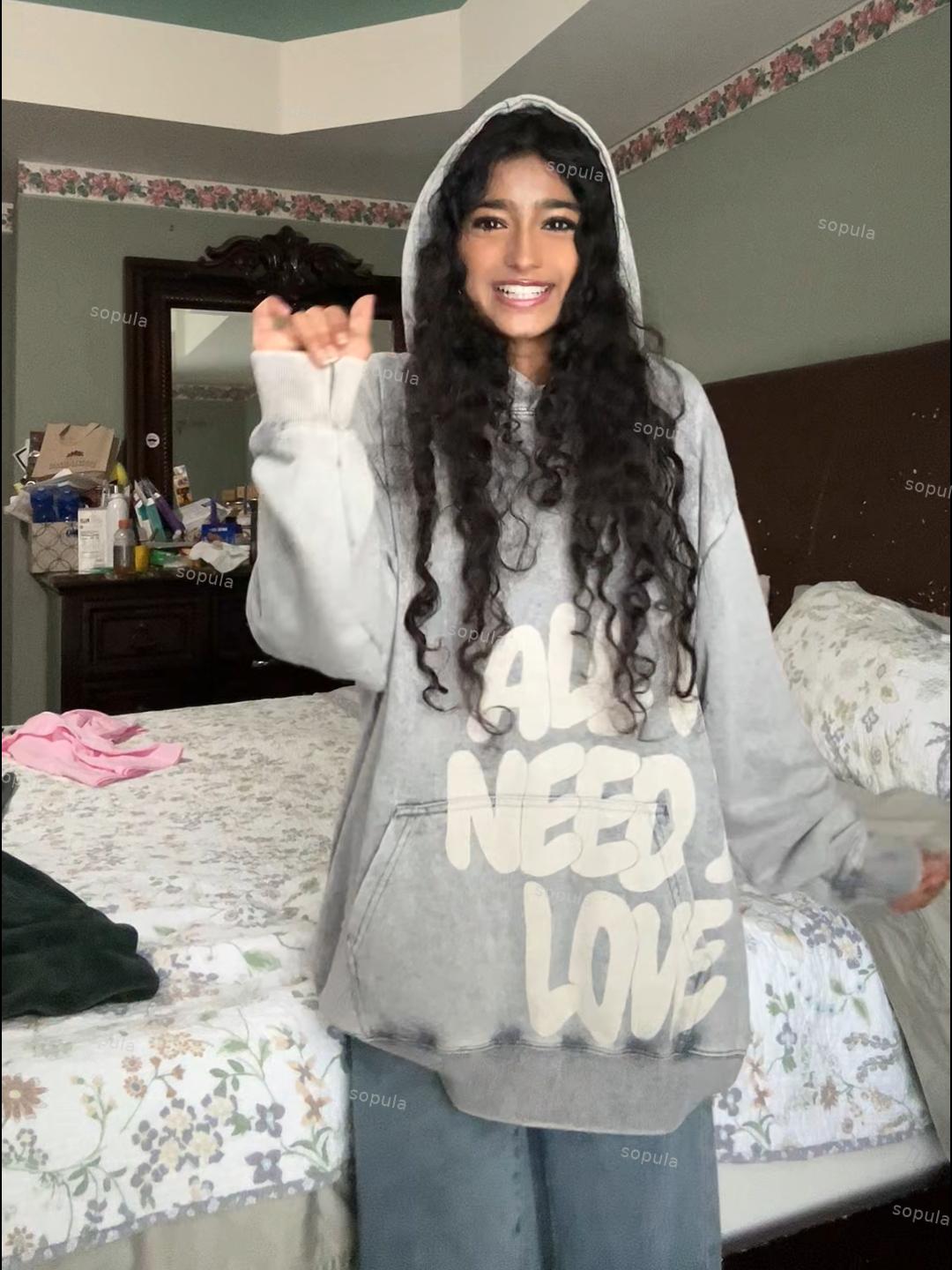 All We Need Is Love Print Pink Washed Hoodie Product Image