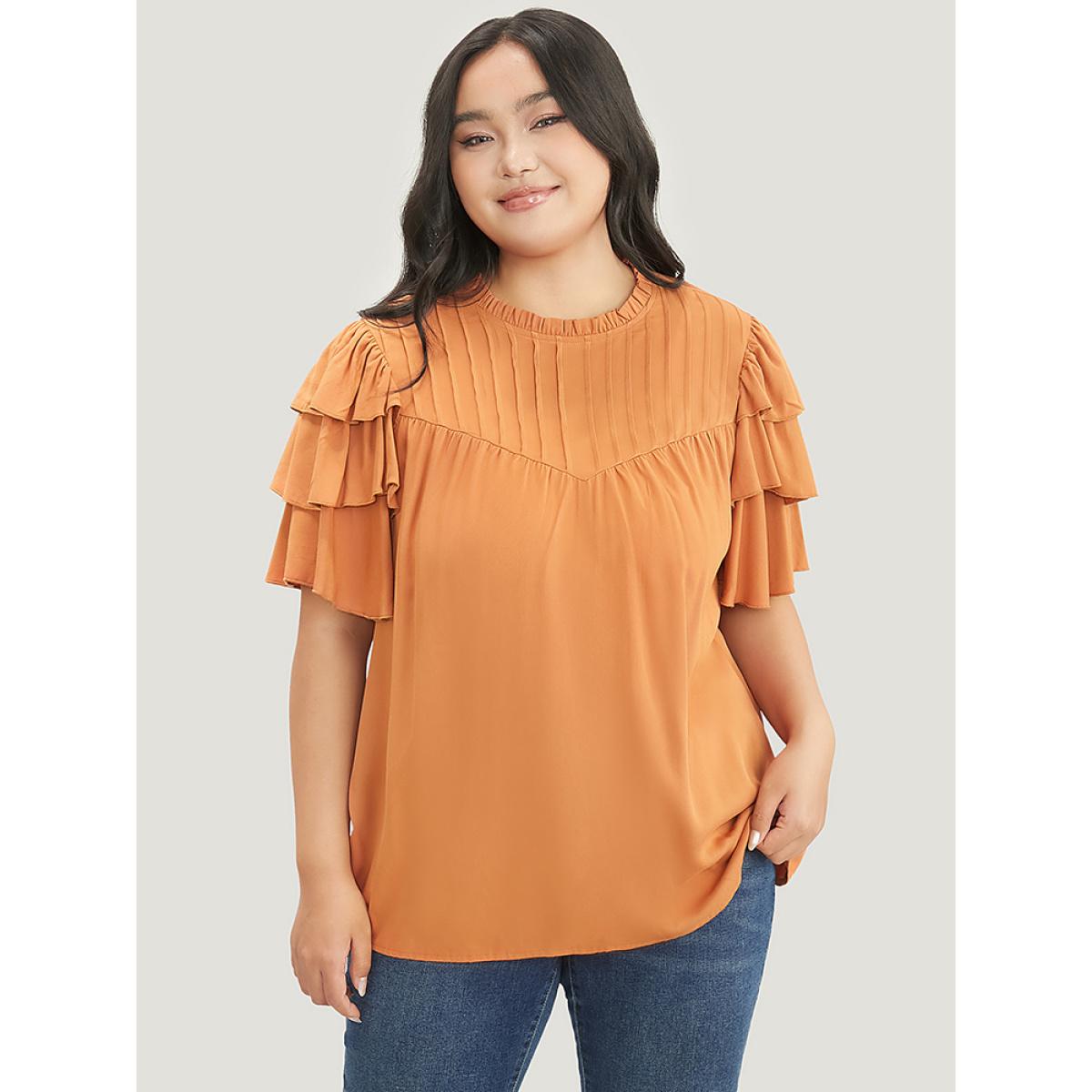 Plus Size Rust Solid Pleated Keyhole Ruffle Tiered Sleeve Frill Trim Blouse Women Elegant Short sleeve Round Neck Dailywear Blouses BloomChic 22-24/3X Product Image