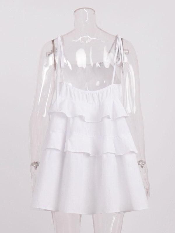 High Waisted Loose Backless Layered Pleated Solid Color Tied Spaghetti-Neck Mini Dresses Product Image