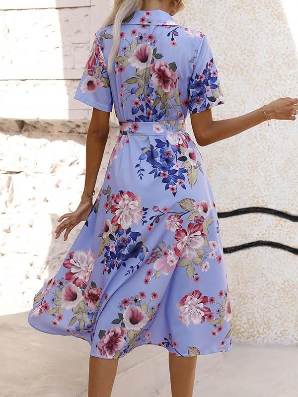 A-Line Loose Buttoned Flower Print Tied Waist Lapel Midi Dresses Product Image