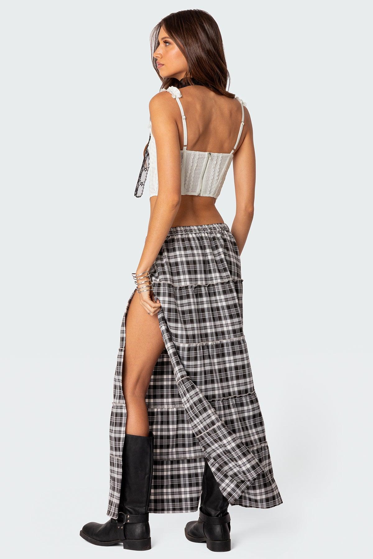 Plaid Side Slit Tiered Maxi Skirt Product Image