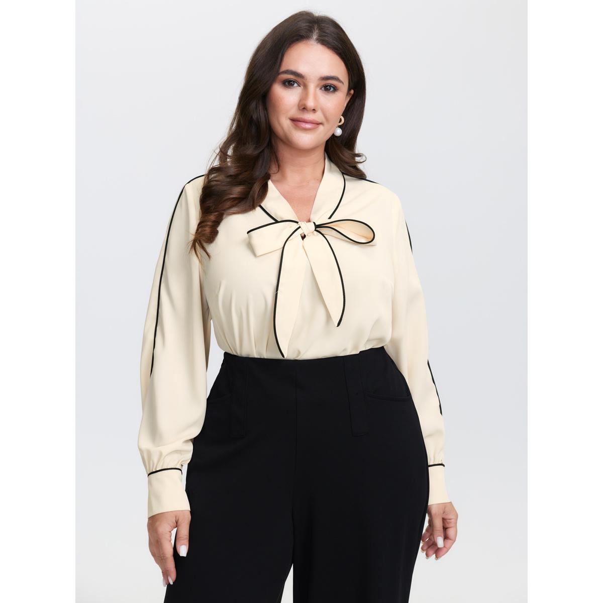 Plus Size Apricot Bowknot Neckline Color Contrast Blouse Women Timeless Long Sleeve Ribbon-tied collar Elegant Blouses BloomChic 10/M Product Image