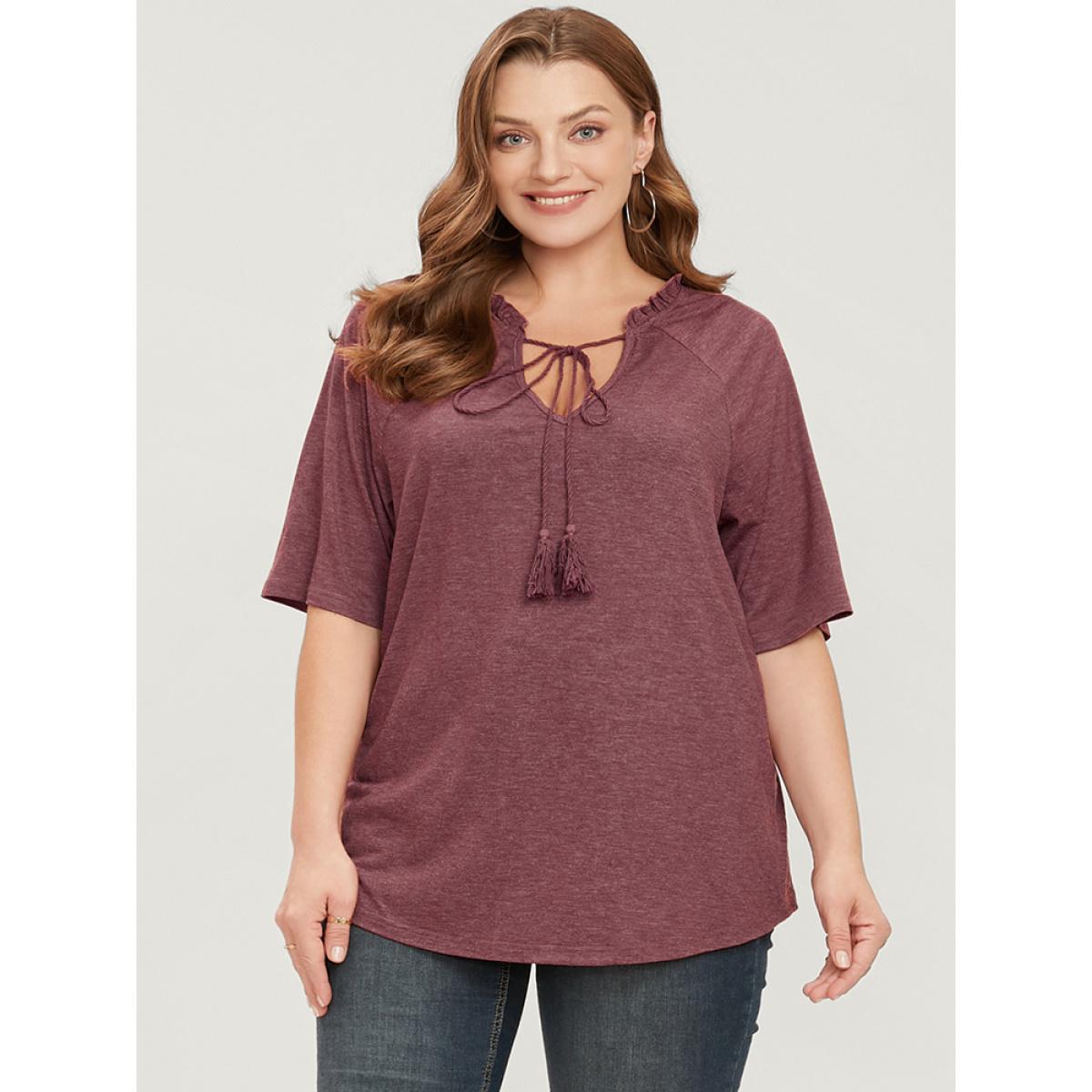 Plus Size Plain Ties Up Frill Trim Raglan Sleeve Tee Scarlet Women Casual Ruffles Plain V-neck Dailywear T-shirts BloomChic 28/5X Product Image