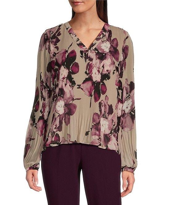Calvin Klein Floral-Printed Chiffon Pleated V-Neck Long Sleeve Blouse Product Image