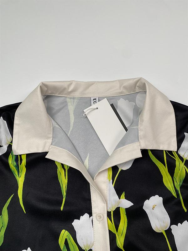 A-line Loose Buttoned Flower Print Stand Collar Mini Dresses Product Image