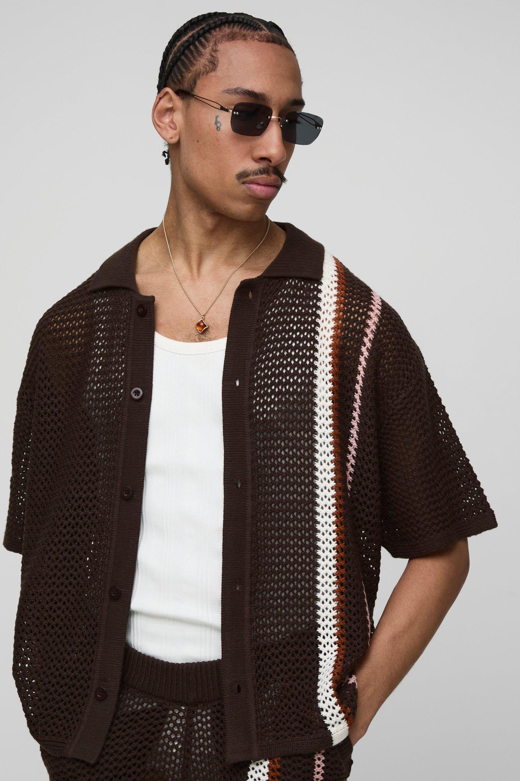 Boxy Fit Open Stitch Colour Block Stripe Knitted Shirt Set | boohooMAN USA Product Image