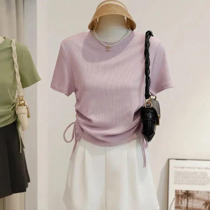 Short-Sleeve Crew Neck Plain Lace Up T-Shirt Product Image