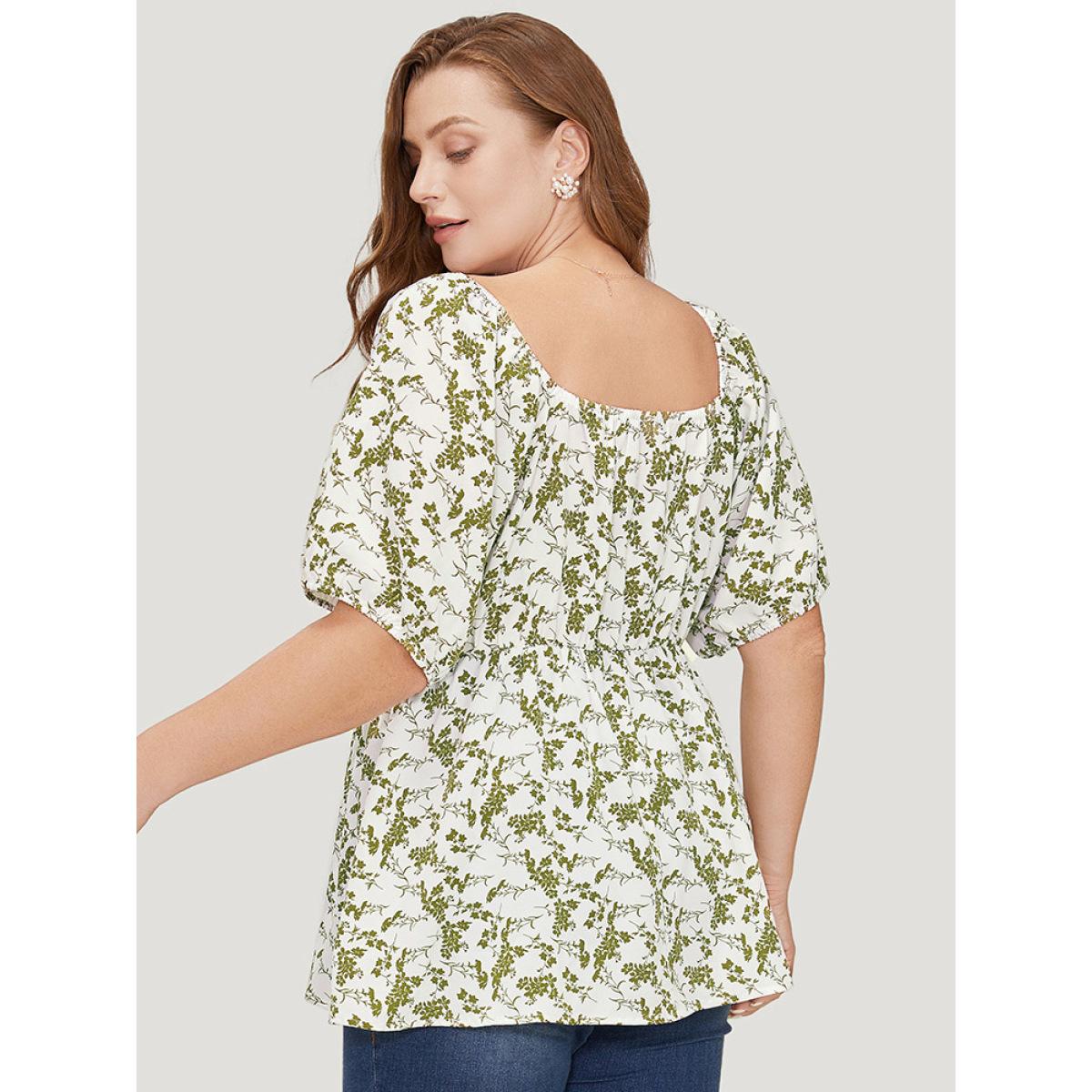 Plus Size Ivory Ditsy Floral Puff Sleeve Ruched Drawstring Blouse Women Elegant Half Sleeve Round Neck Dailywear Blouses BloomChic 12/L Product Image