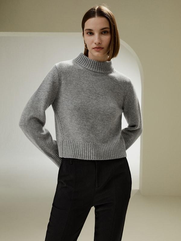 Ribbed Collar and Hemline Wool Cashmere Sweater Product Image