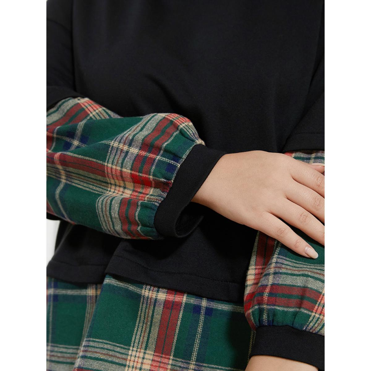 Plus Size Plaid Patchwork Arc Hem Drop Shoulder Sweatshirt Women DarkGreen Elegant Contrast Round Neck Dailywear Sweatshirts BloomChic 14-16/1X Product Image