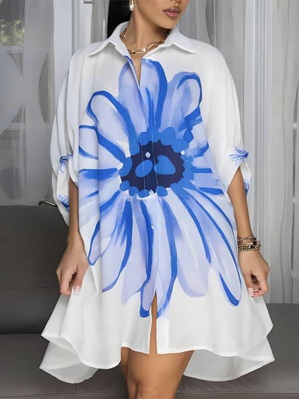 Half Sleeves Loose Buttoned Flower Print Lapel Mini Dresses Shirt Dress Product Image