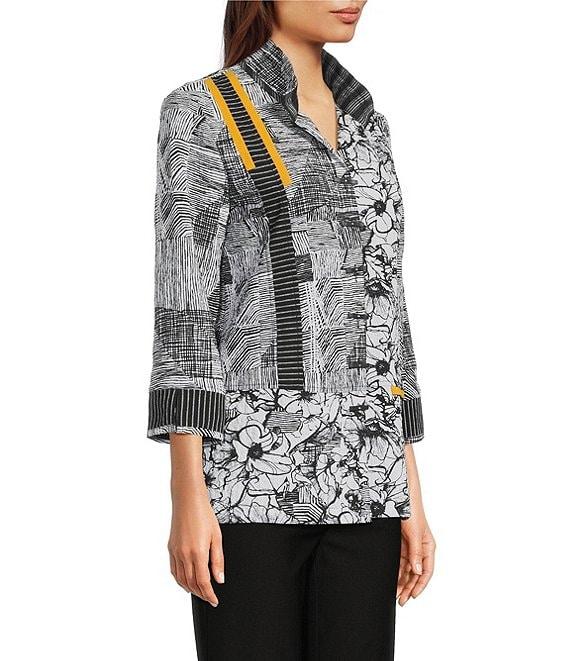 Ali Miles Petite Size Puckered Woven Floral Stripe Print Wire Collar 3/4 Sleeve Contrast Trim Button Front Tunic Product Image