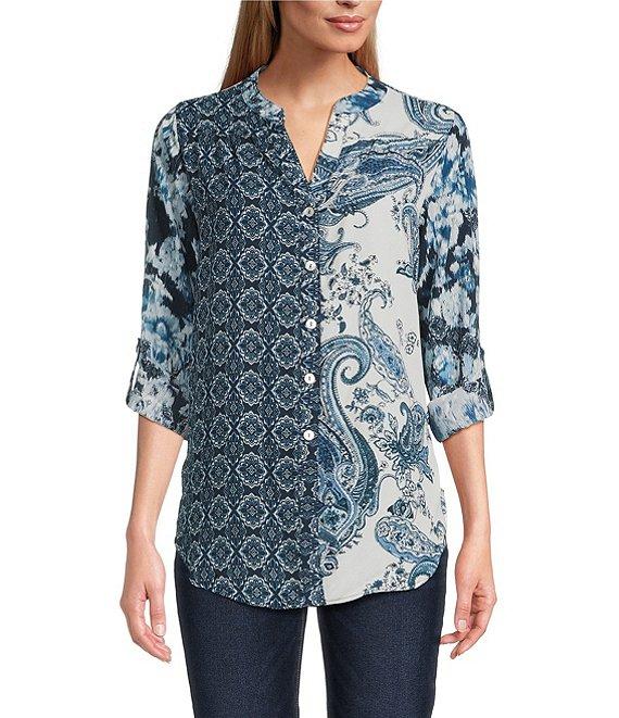 Figueroa & Flower Woven Printed Mandarin Collar Long Roll-Tab Sleeve Tie Front Blouse Product Image