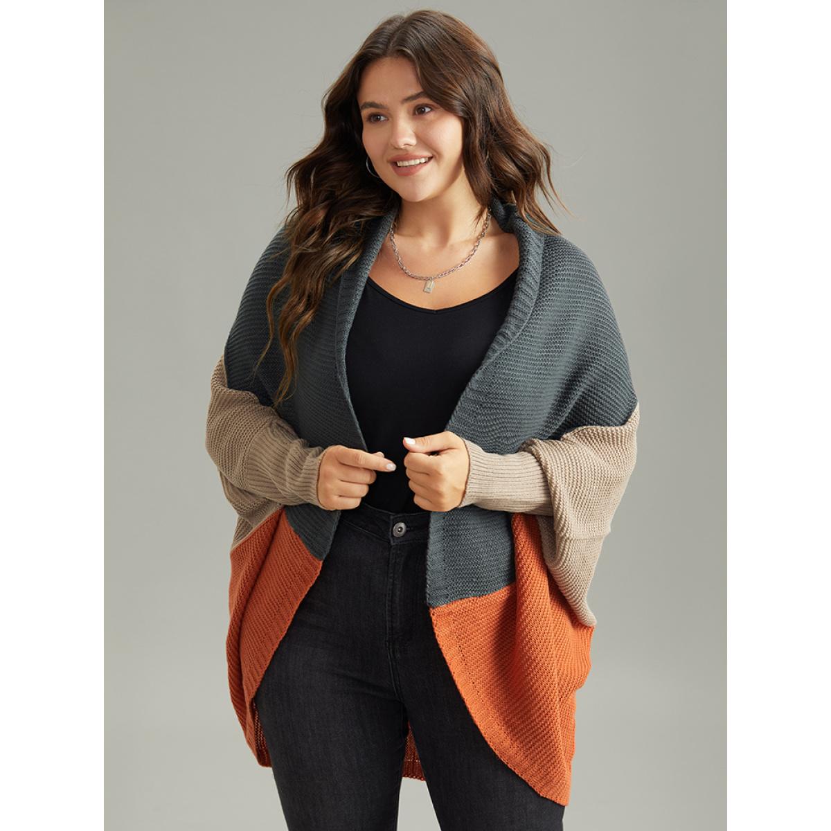 Plus Size Colorblock Batwing Sleeve Patchwork Cardigan Multicolor Women Casual Loose Long Sleeve Everyday Cardigans BloomChic 26/4X Product Image