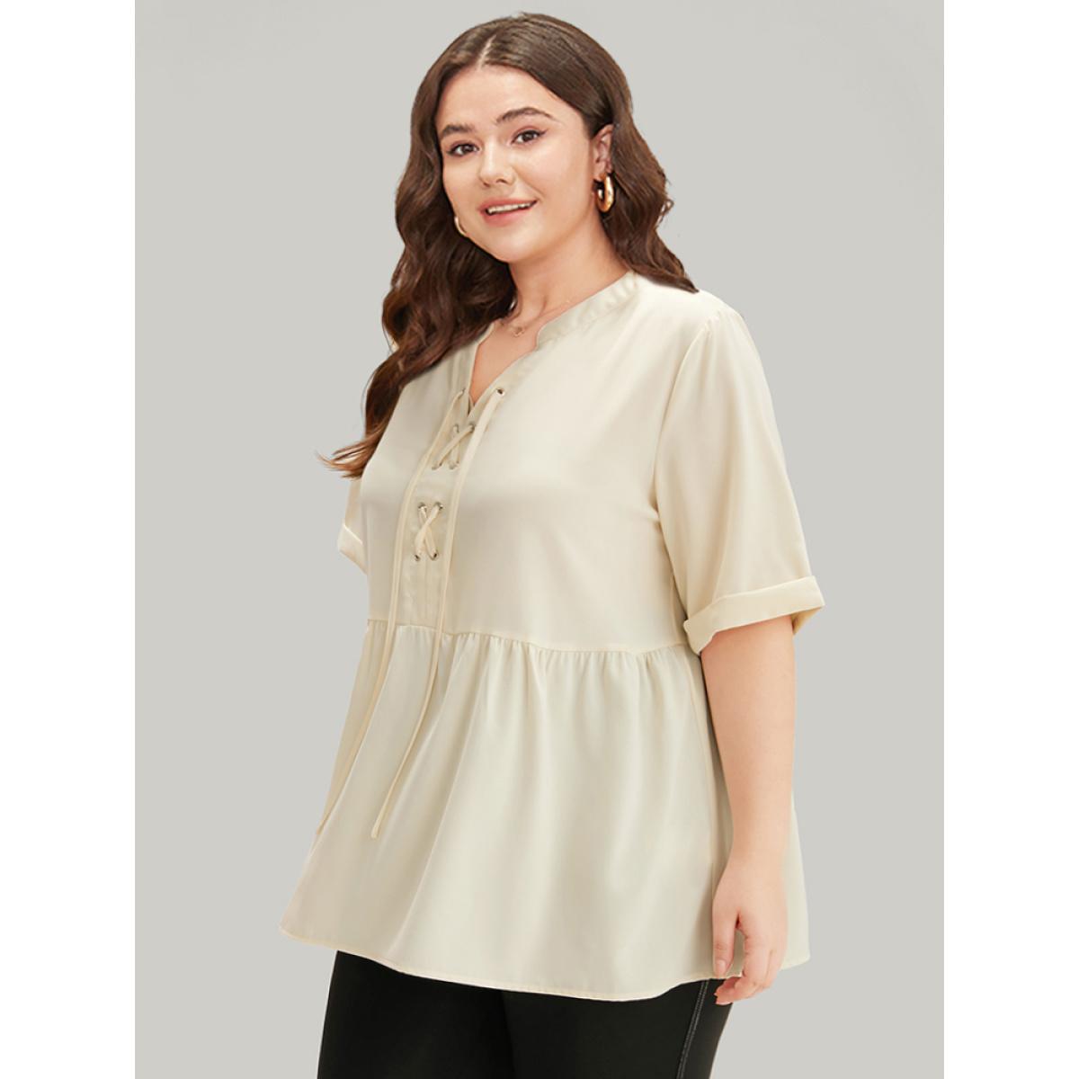 Plus Size Ivory Anti-Wrinkle Lace Up Notched Gathered Blouse Women Office Half Sleeve Tie Neck Work Blouses BloomChic 30/6X Product Image