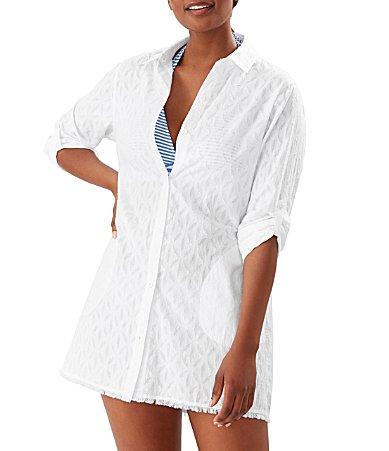 Tommy Bahama Cotton Clip Jacquard Burnout Boyfriend Swim Cover Up Shirt Product Image