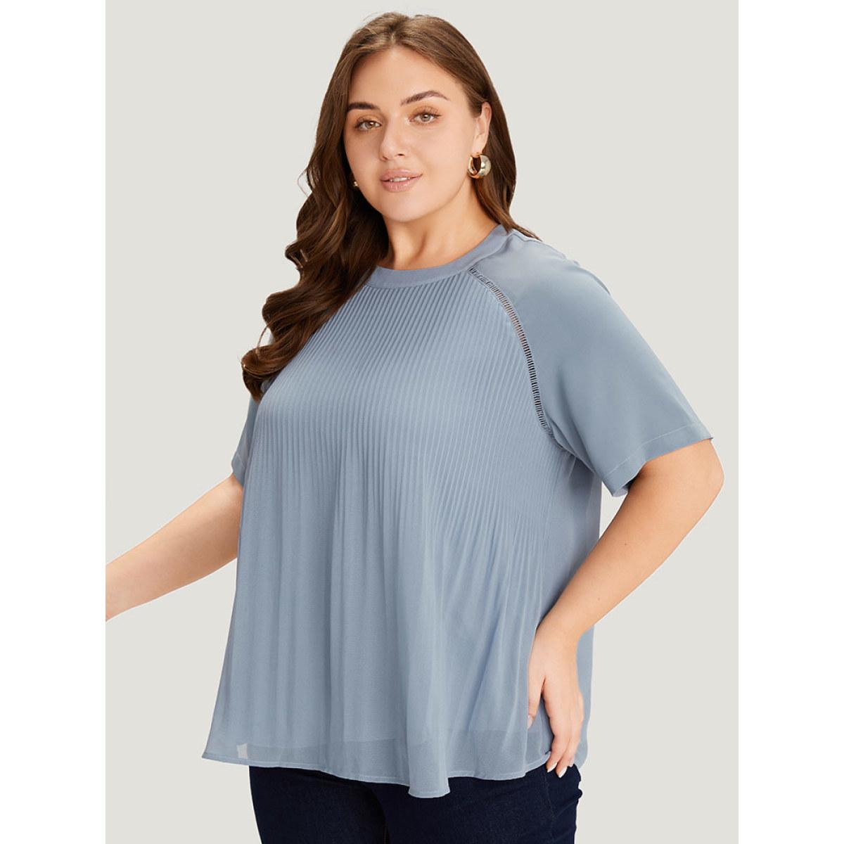 Plus Size Stone Solid Pleated Raglan Sleeve Patchwork Blouse Women Elegant Short sleeve Round Neck Dailywear Blouses BloomChic 14-16/1X Product Image