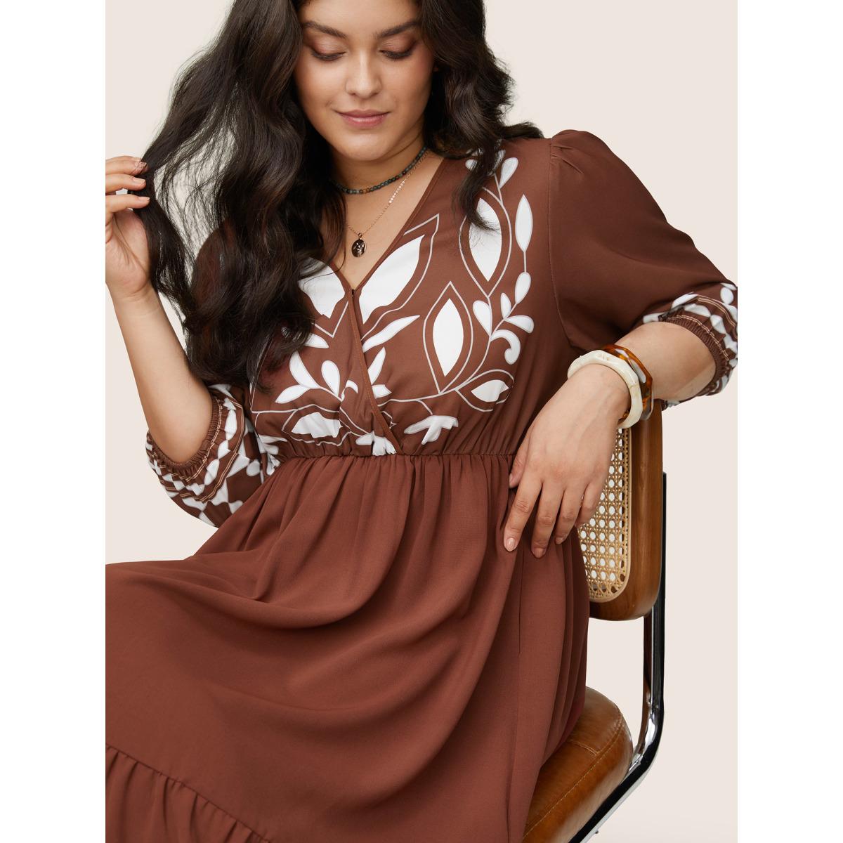 Plus Size Geometric Surplice Neck Flutter Layered Hem Dress Rust Women Vacation Elastic cuffs Overlap Collar Elbow-length sleeve Curvy Midi Dress BloomChic 26/4X Product Image