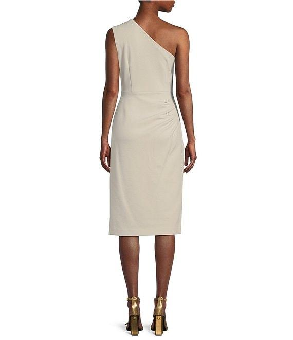 Donna Karan Asymmetrical Neck One Shoulder Gold Broach Midi Sheath Dress Product Image