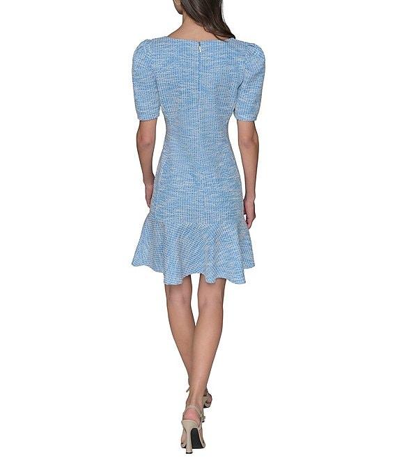 KARL LAGERFELD PARIS Tweed Square Neck Short Sleeve Rhinestone Button Detail Fit and Flare Mini Dress Product Image