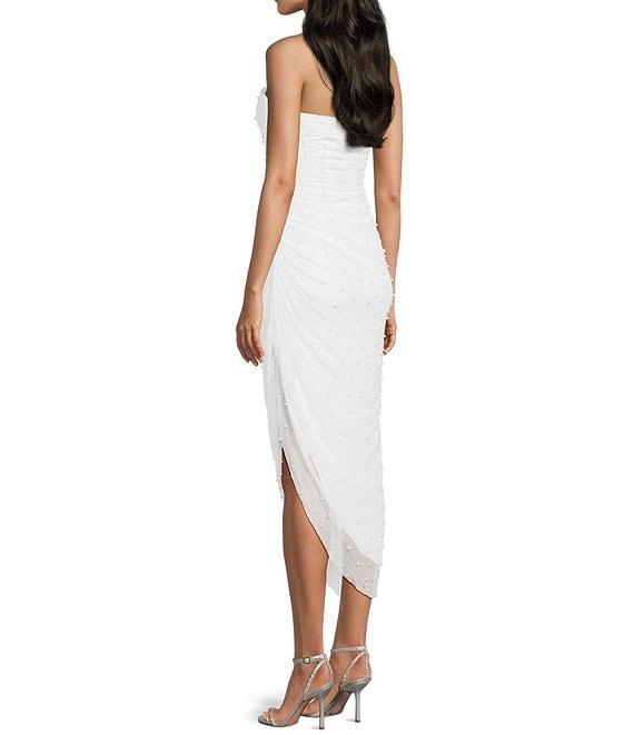 Honey and Rosie Glitter Knit Pearl Embellished Strapless Asymmetrical Hem Midi Dress Product Image