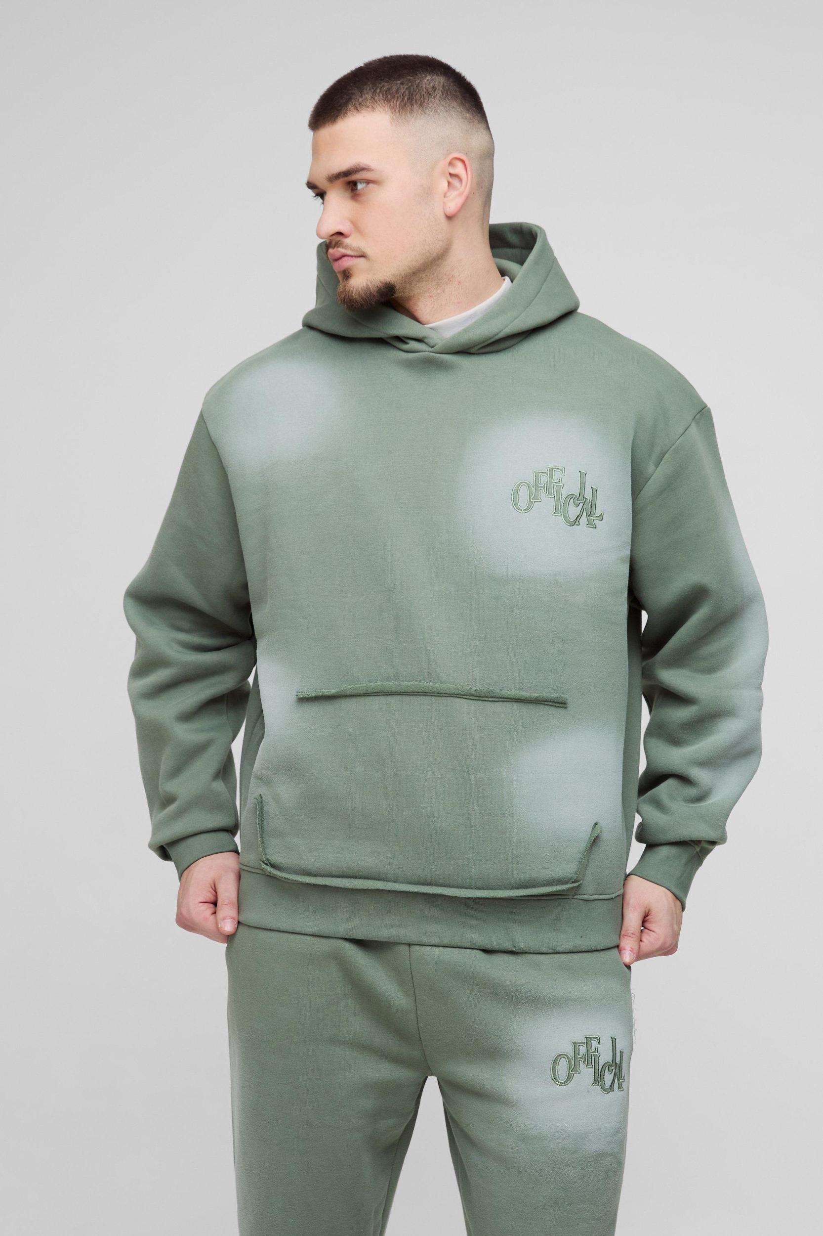 Tall Oversized Boxy Distressed Official Applique Spray Wash Hooded Tracksuit | boohooMAN USA Product Image