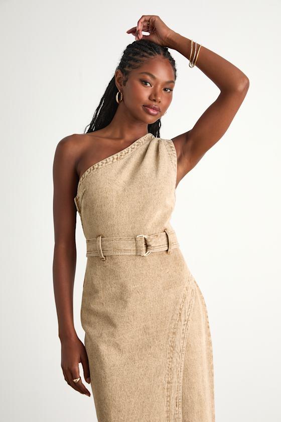 Avelina Washed Tan Denim One-Shoulder Belted Midi Dress Product Image