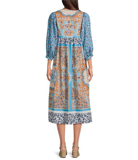 Current Air Printed Split Round Neck 3/4 Dolman Sleeve Empire Waist Midi Dress Product Image