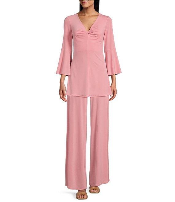 Eva Varro Knit Jersey Twist V-Neck 3/4 Bell Sleeve A-Line Flowy Tunic Product Image