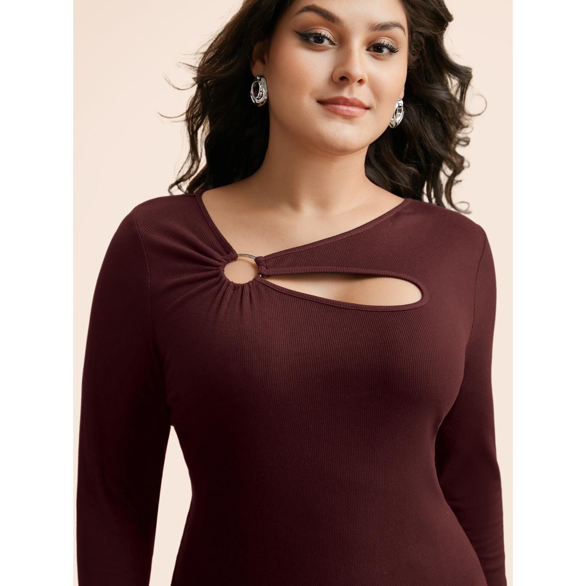 Plus Size Rib Knit Asymmetrical Neck Cut Out T-shirt Burgundy Women Elegant Texture Asymmetrical Neck Skinny Everyday T-shirts BloomChic 30/6X Product Image