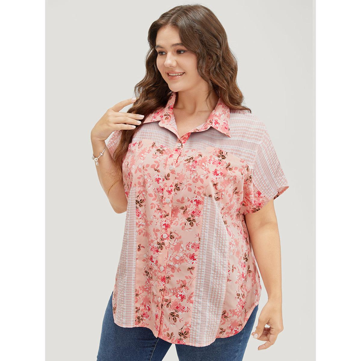 Plus Size MistyRose Floral Patchwork Pocket Button Up Arc Hem Blouse Women Elegant Short sleeve Shirt collar Dailywear Blouses BloomChic 10/M Product Image