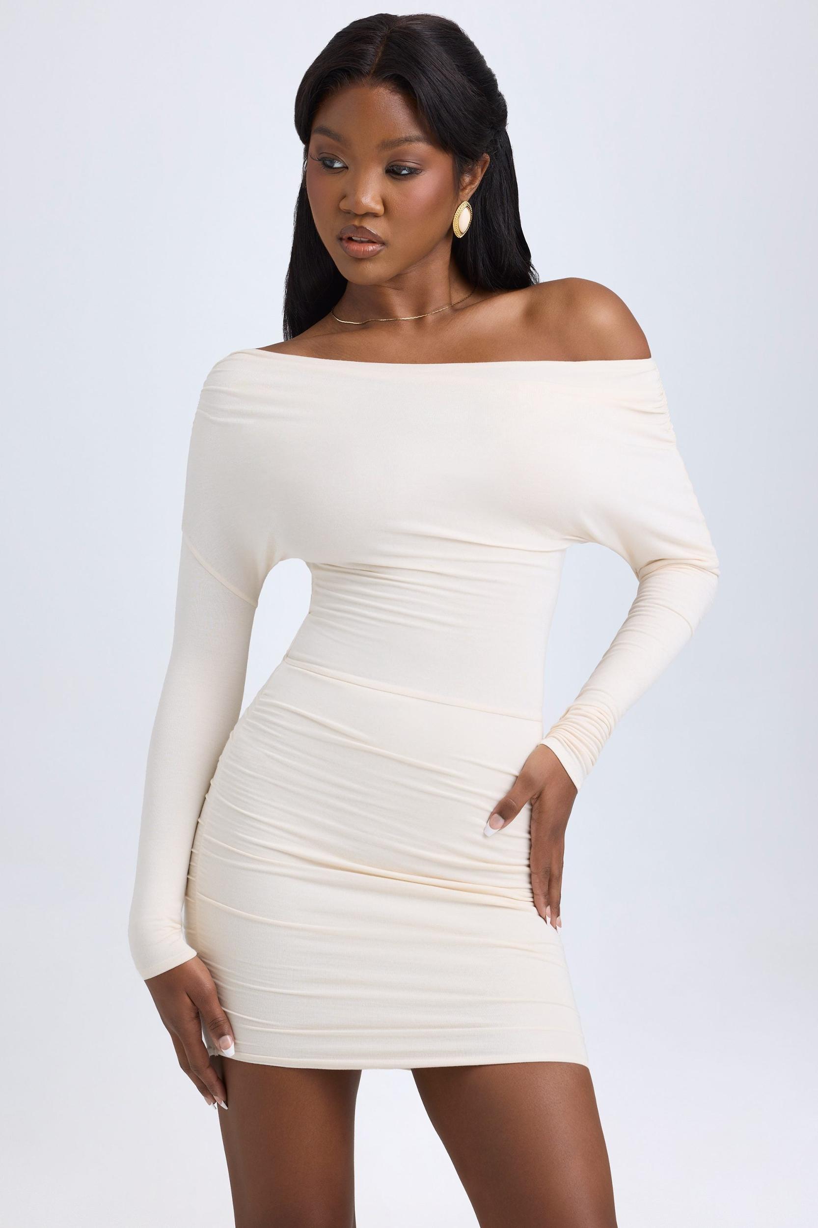 Modal Off-Shoulder Ruched Mini Dress in Ivory Product Image