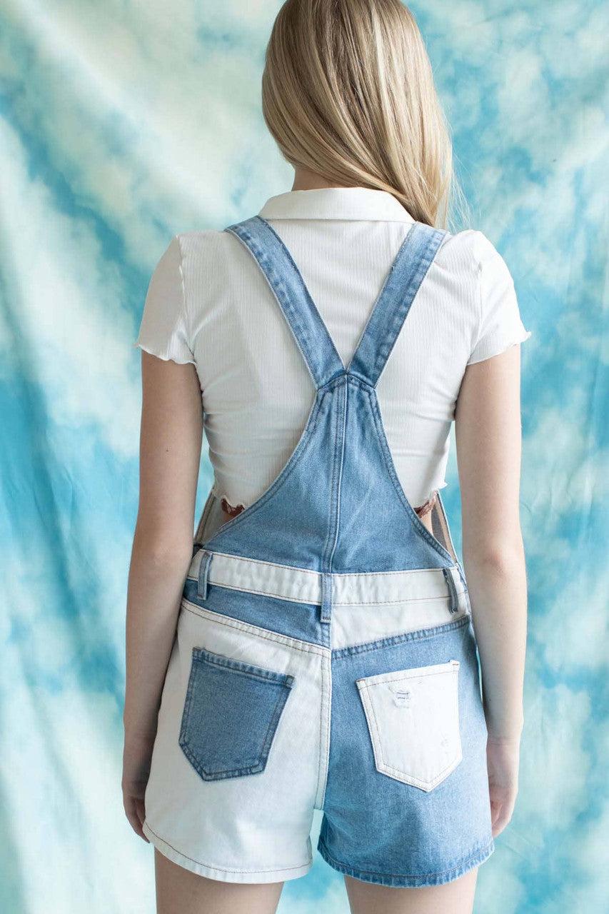 White Color Blocked Denim Overall Shorts Product Image