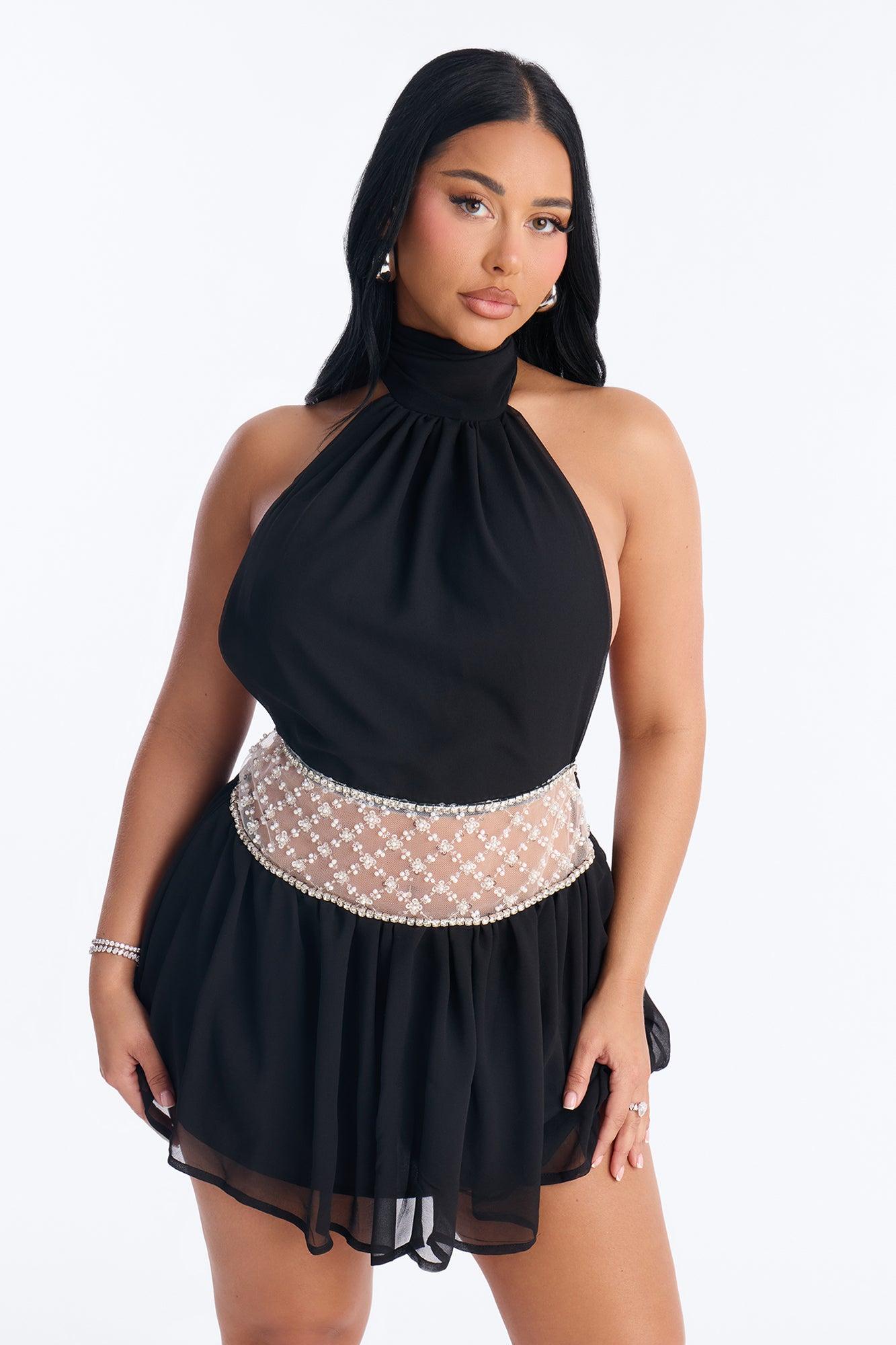 Stephanie Embellished Chiffon Mini Dress - Black Female Product Image