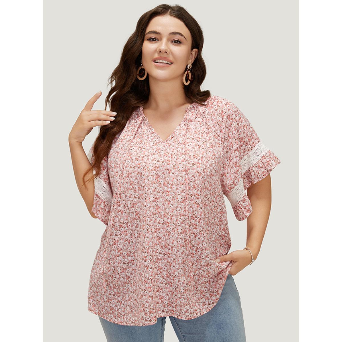 Plus Size Crepe Ditsy Floral Frill Trim Lace Ruffle Sleeve Tie Neck Blouse Women Elegant Short sleeve Tie Neck Dailywear Blouses BloomChic 18-20/2X Product Image