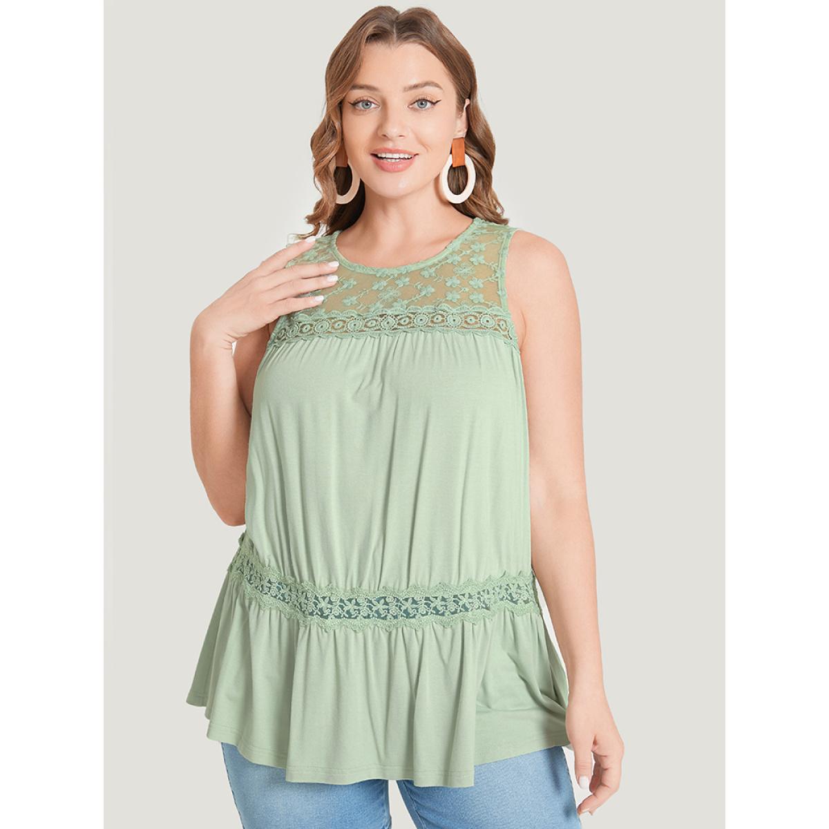 Plus Size Plain Contrast Lace Mesh Ruffle Hem Tank Top Women LightGreen Elegant Dailywear Tank Tops Camis BloomChic 10/M Product Image