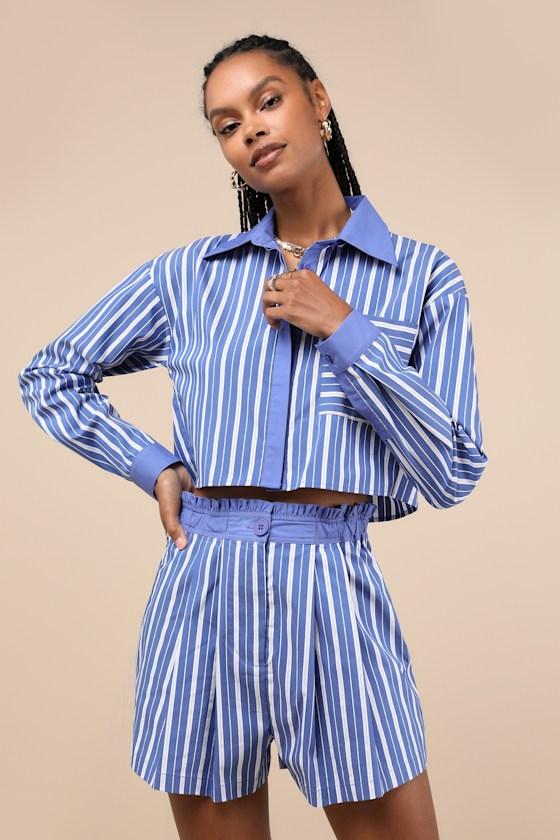 Playful Babe Blue and White Striped Ruffled Shorts Product Image