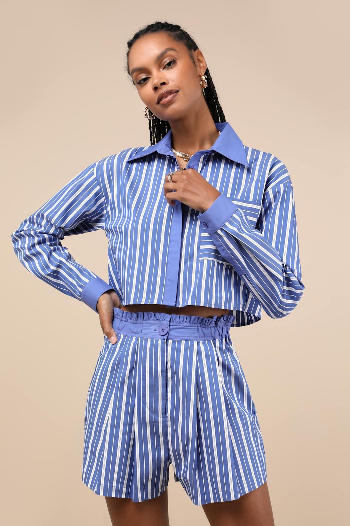 Playful Babe Blue and White Striped Ruffled Shorts Product Image