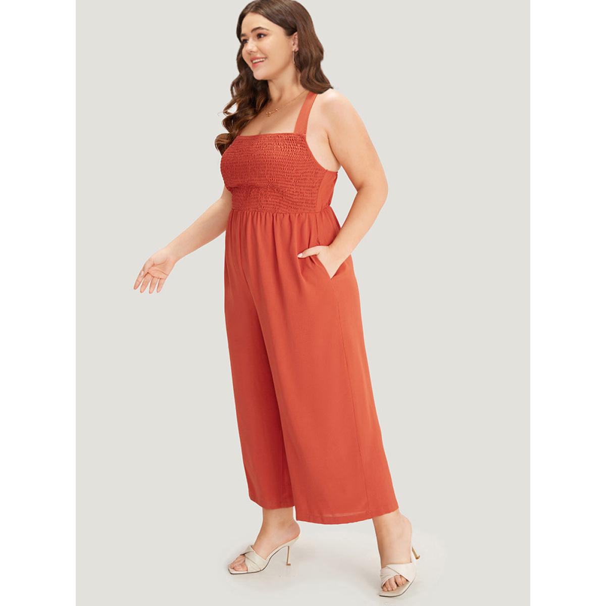 Plus Size Rust plain Gathered Shirred Pocket Cami Jumpsuit Women Elegant Sleeveless Spaghetti Strap Dailywear Loose Jumpsuits BloomChic 28/5X Product Image