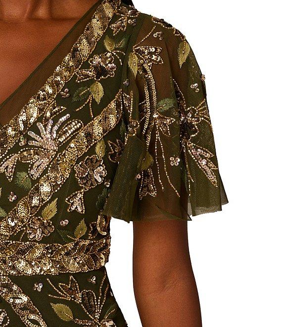 Adrianna Papell Flutter Sleeve Beaded Mesh Ankle Column Dress Product Image