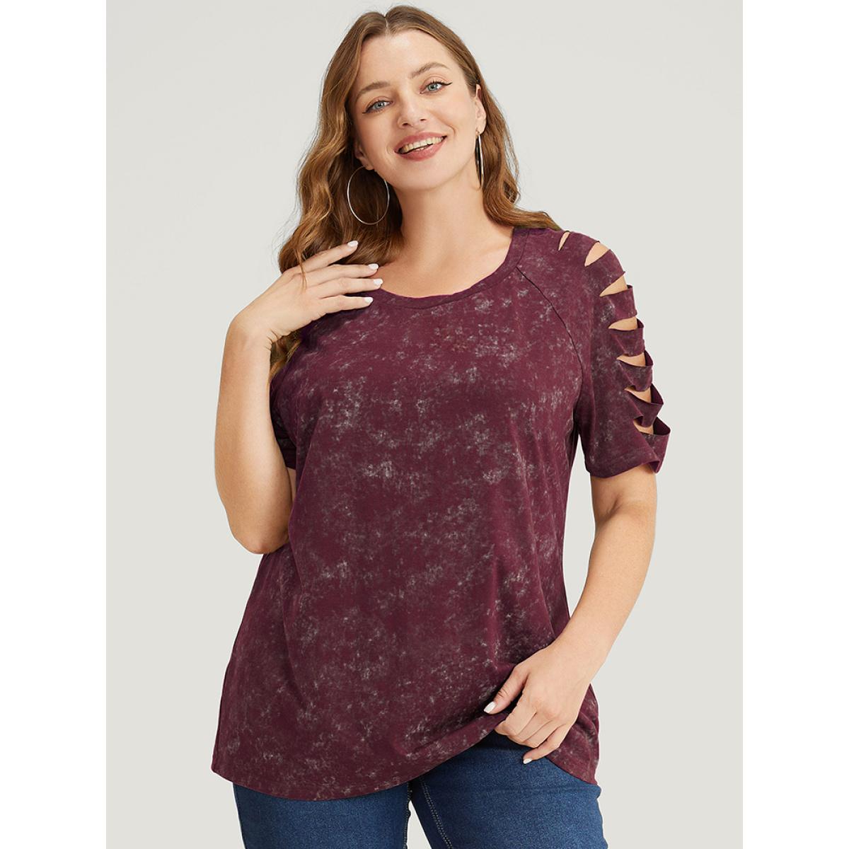 Plus Size Solid Cut Out Raglan Sleeve T-shirt Burgundy Women Casual Cut-Out Plain Round Neck Dailywear T-shirts BloomChic 30/6X Product Image