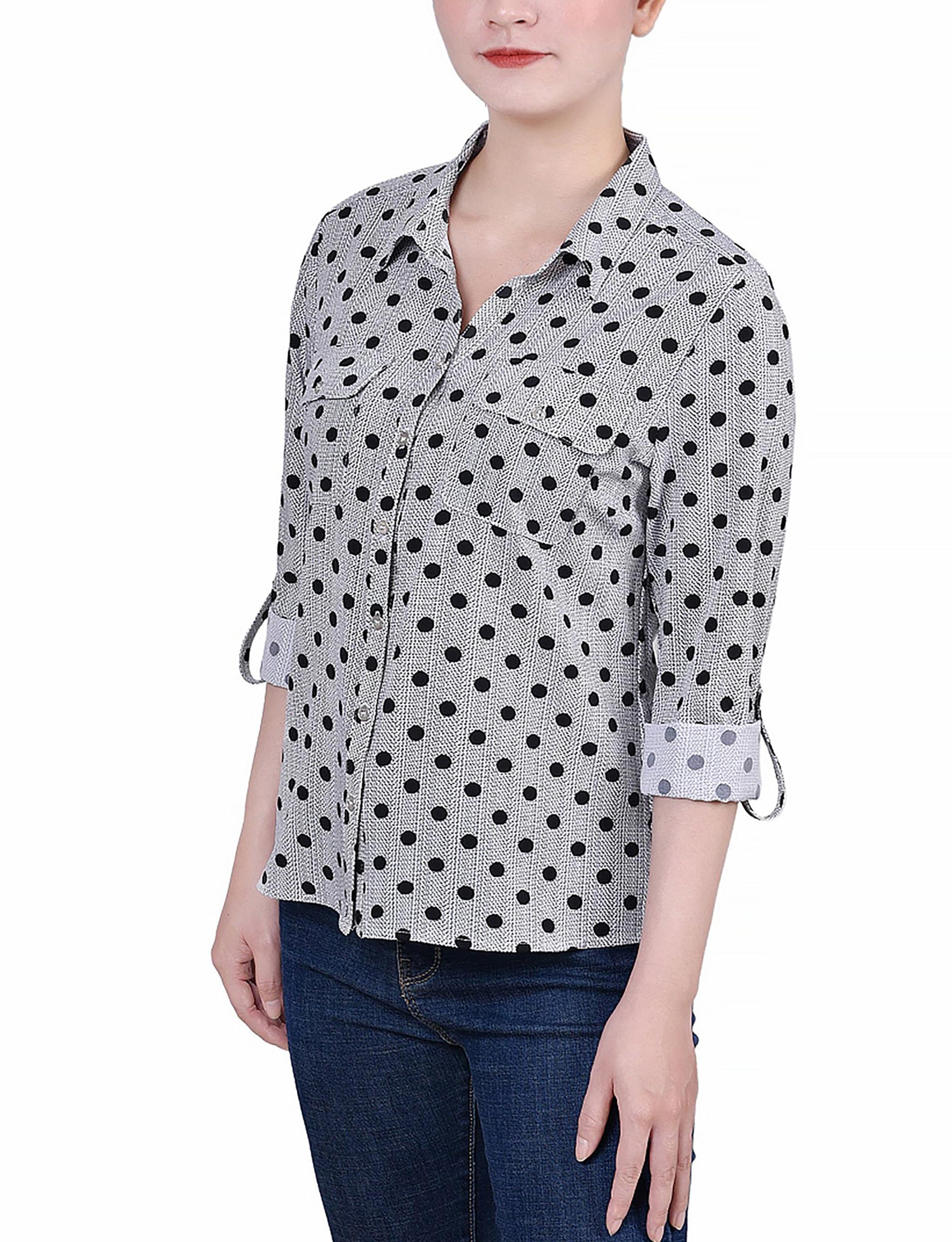 Black White Abstract Dot 3/4 Roll Tab Blouse With Pockets - Petite Product Image