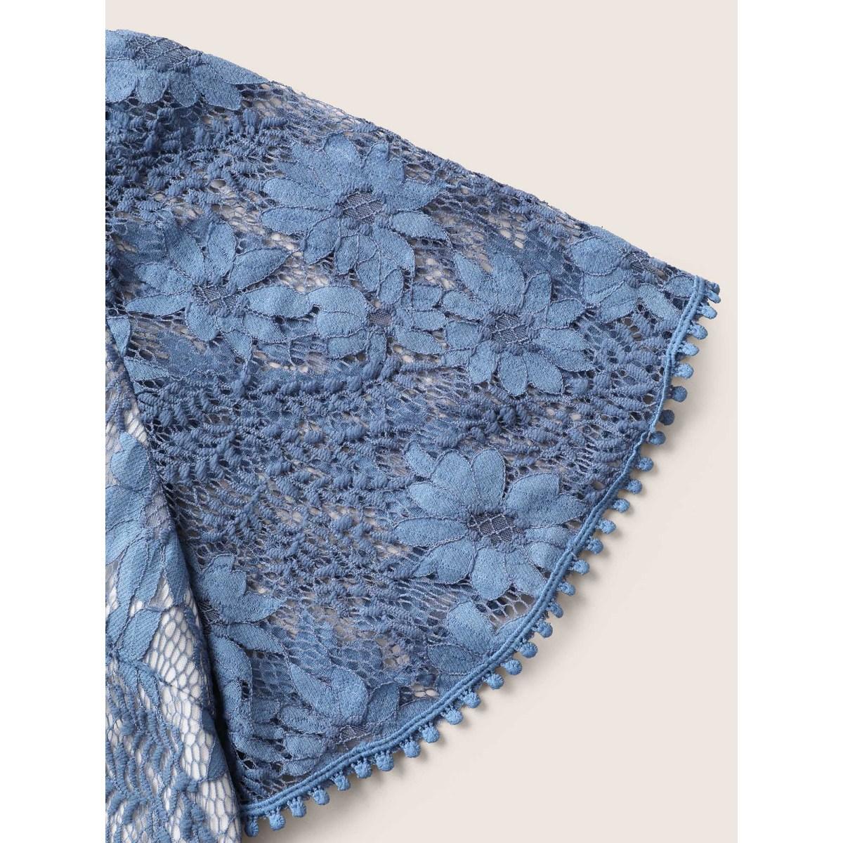 Plus Size DarkBlue Floral Crochet Lace Mesh Pompom Trim Blouse Women Elegant Short sleeve Overlap Collar Everyday Blouses BloomChic 10/M Product Image